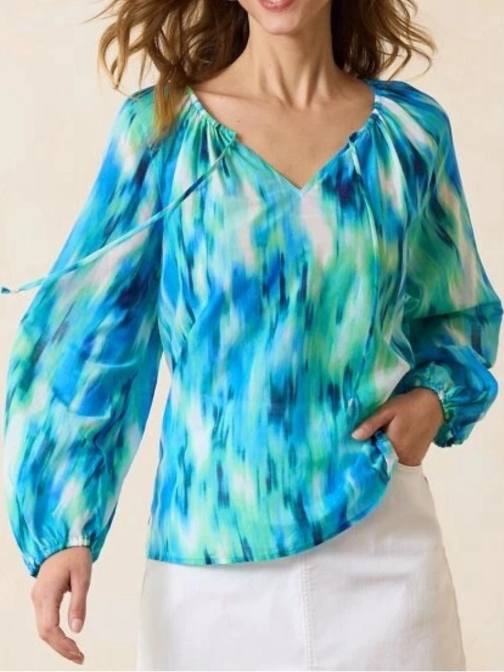 Tommy Bahama silk blend Agua Amara ikat shimmer peasant top SzL like new